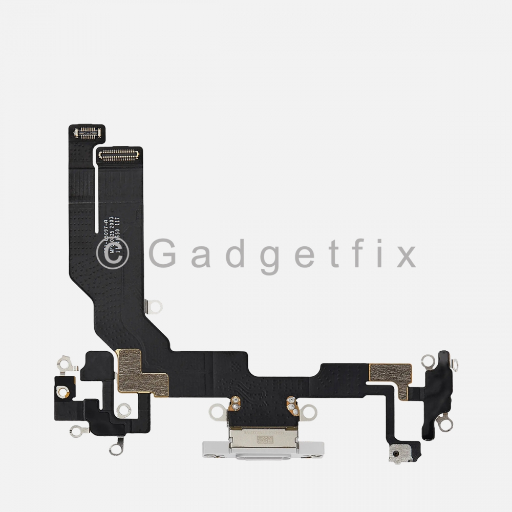 White USB-C charging port dock connector flex cable for iPhone 16e and iPhone 17e alternate angle
